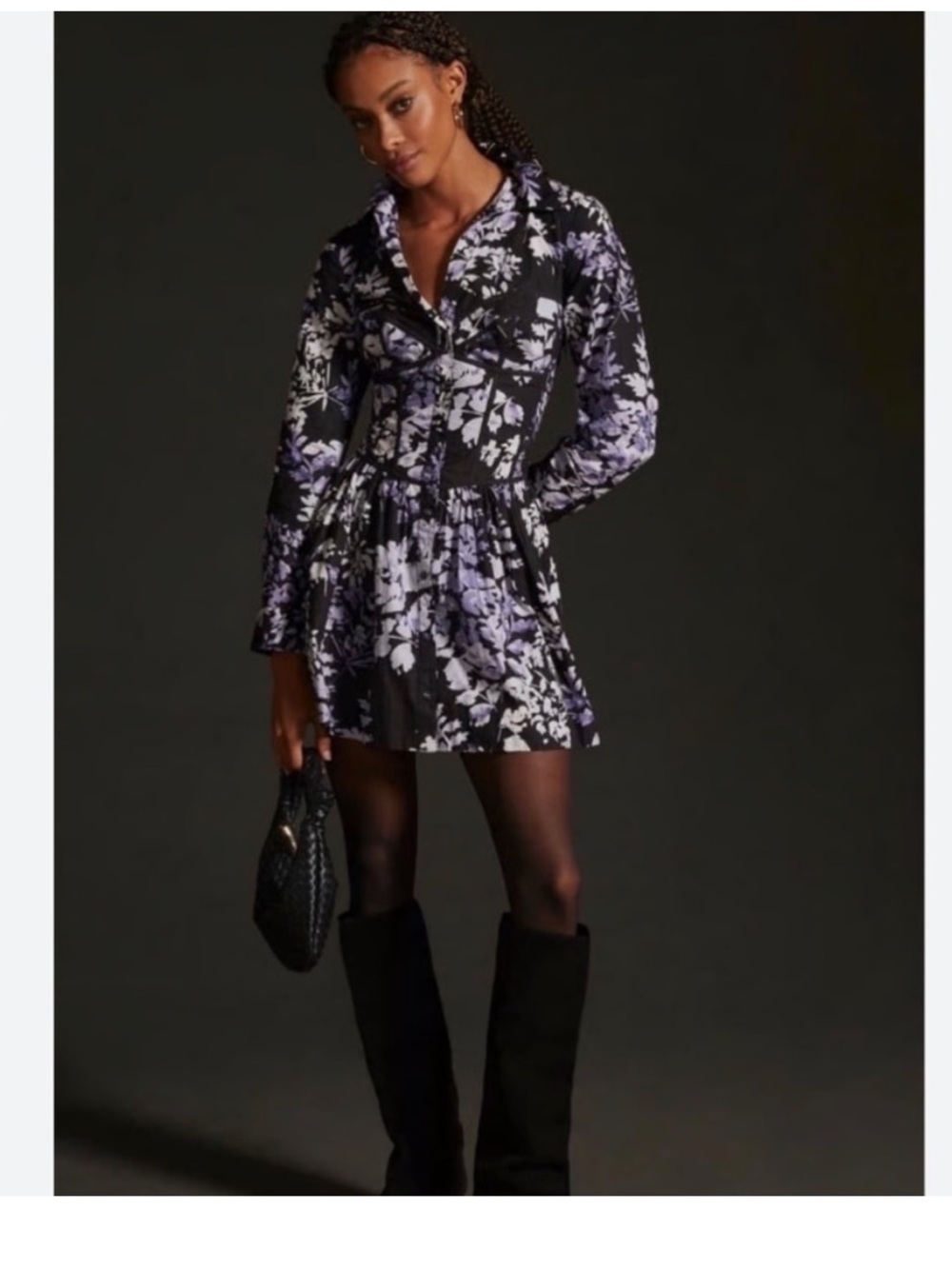 Anthropologie Black Dress with Lavender Floral Print